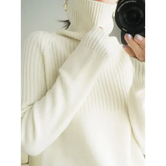 Casual Long Sleeves Loose Solid Color High-Neck Sweater Tops Casual Long Sleeves Loose Solid Color High-Neck Sweater Tops