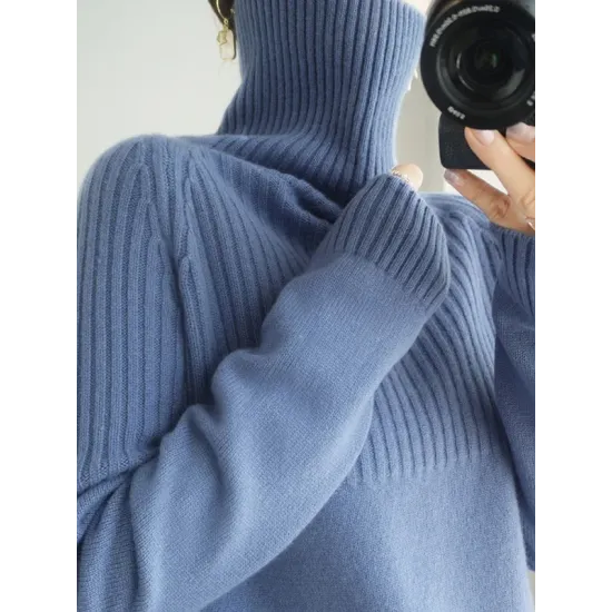 Casual Long Sleeves Loose Solid Color High-Neck Sweater Tops Casual Long Sleeves Loose Solid Color High-Neck Sweater Tops