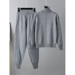 Casual Solid Long Sleeves High-Neck Sweater Tops & Drawstring Wide Leg Pants Suits