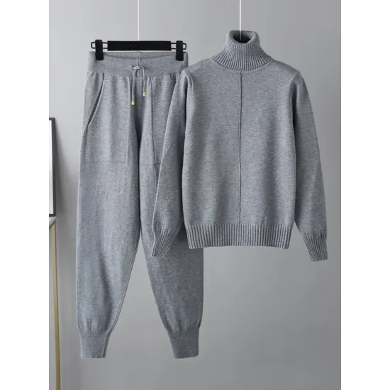 Casual Solid Long Sleeves High-Neck Sweater Tops & Drawstring Wide Leg Pants Suits Casual Solid Long Sleeves High-Neck Sweater Tops & Drawstring Wide Leg Pants Suits