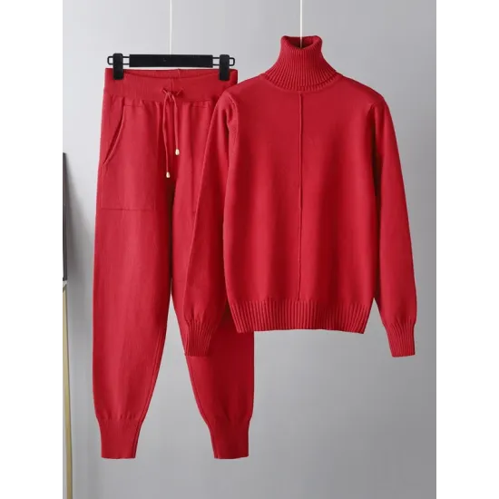 Casual Solid Long Sleeves High-Neck Sweater Tops & Drawstring Wide Leg Pants Suits Casual Solid Long Sleeves High-Neck Sweater Tops & Drawstring Wide Leg Pants Suits