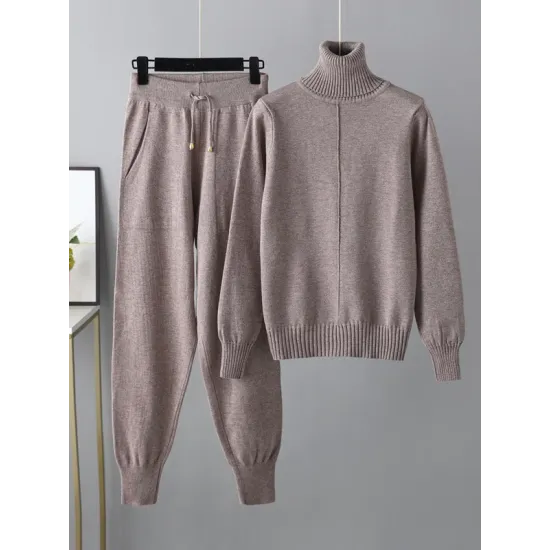 Casual Solid Long Sleeves High-Neck Sweater Tops & Drawstring Wide Leg Pants Suits Casual Solid Long Sleeves High-Neck Sweater Tops & Drawstring Wide Leg Pants Suits