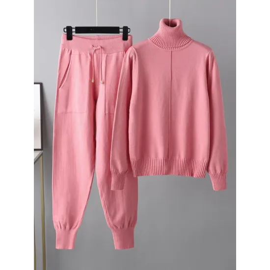 Casual Solid Long Sleeves High-Neck Sweater Tops & Drawstring Wide Leg Pants Suits Casual Solid Long Sleeves High-Neck Sweater Tops & Drawstring Wide Leg Pants Suits
