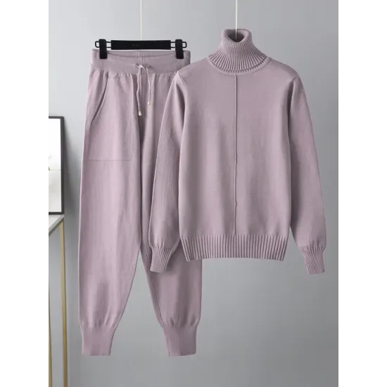 Casual Solid Long Sleeves High-Neck Sweater Tops & Drawstring Wide Leg Pants Suits Casual Solid Long Sleeves High-Neck Sweater Tops & Drawstring Wide Leg Pants Suits