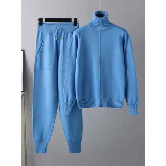 Casual Solid Long Sleeves High-Neck Sweater Tops & Drawstring Wide Leg Pants Suits Casual Solid Long Sleeves High-Neck Sweater Tops & Drawstring Wide Leg Pants Suits
