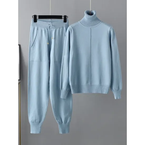 Casual Solid Long Sleeves High-Neck Sweater Tops & Drawstring Wide Leg Pants Suits Casual Solid Long Sleeves High-Neck Sweater Tops & Drawstring Wide Leg Pants Suits
