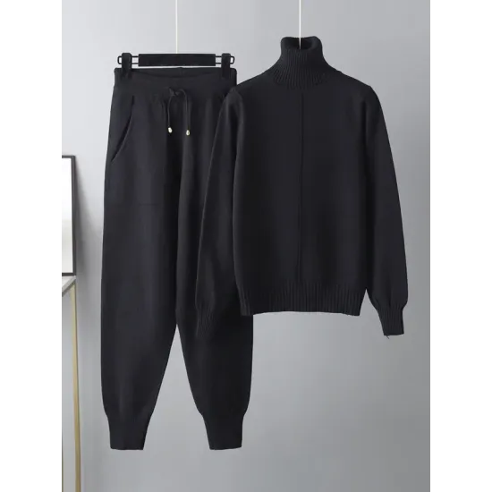 Casual Solid Long Sleeves High-Neck Sweater Tops & Drawstring Wide Leg Pants Suits Casual Solid Long Sleeves High-Neck Sweater Tops & Drawstring Wide Leg Pants Suits