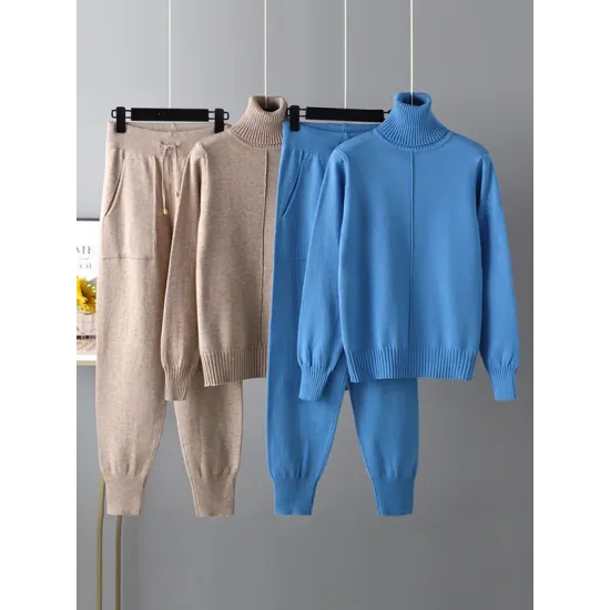 Casual Solid Long Sleeves High-Neck Sweater Tops & Drawstring Wide Leg Pants Suits Casual Solid Long Sleeves High-Neck Sweater Tops & Drawstring Wide Leg Pants Suits