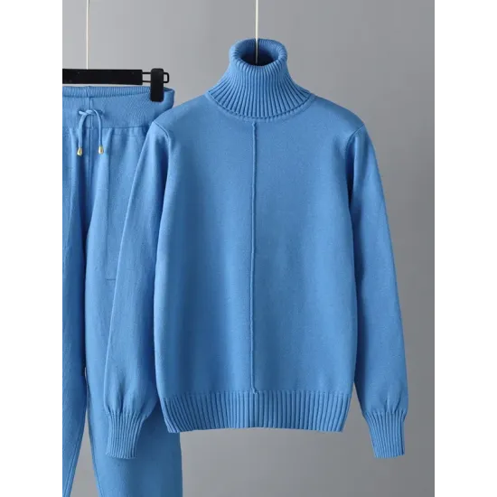 Casual Solid Long Sleeves High-Neck Sweater Tops & Drawstring Wide Leg Pants Suits Casual Solid Long Sleeves High-Neck Sweater Tops & Drawstring Wide Leg Pants Suits
