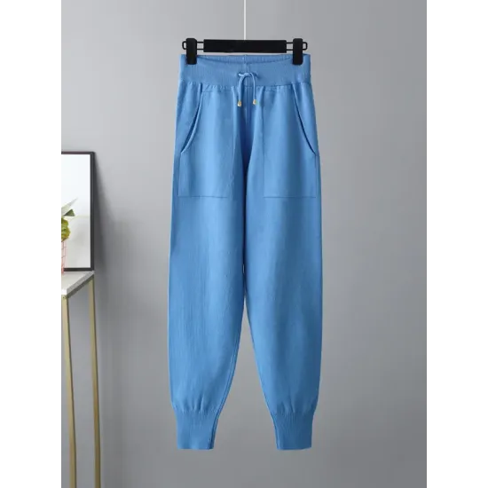 Casual Solid Long Sleeves High-Neck Sweater Tops & Drawstring Wide Leg Pants Suits Casual Solid Long Sleeves High-Neck Sweater Tops & Drawstring Wide Leg Pants Suits