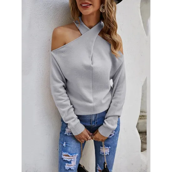 Casual Long Sleeves Solid Color Halter-Neck Sweater Tops Casual Long Sleeves Solid Color Halter-Neck Sweater Tops