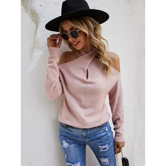 Casual Long Sleeves Solid Color Halter-Neck Sweater Tops Casual Long Sleeves Solid Color Halter-Neck Sweater Tops