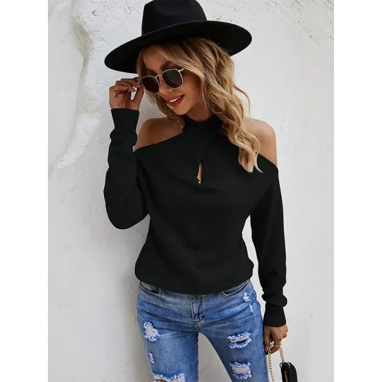 Casual Long Sleeves Solid Color Halter-Neck Sweater Tops Casual Long Sleeves Solid Color Halter-Neck Sweater Tops