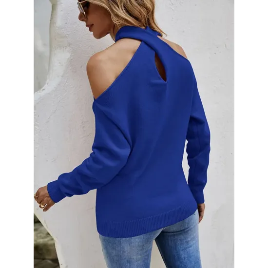 Casual Long Sleeves Solid Color Halter-Neck Sweater Tops Casual Long Sleeves Solid Color Halter-Neck Sweater Tops