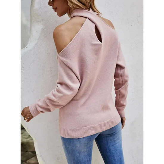 Casual Long Sleeves Solid Color Halter-Neck Sweater Tops Casual Long Sleeves Solid Color Halter-Neck Sweater Tops