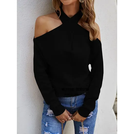 Casual Long Sleeves Solid Color Halter-Neck Sweater Tops Casual Long Sleeves Solid Color Halter-Neck Sweater Tops