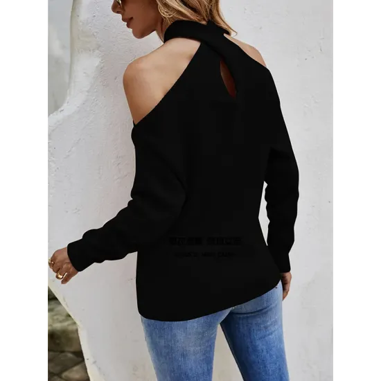Casual Long Sleeves Solid Color Halter-Neck Sweater Tops Casual Long Sleeves Solid Color Halter-Neck Sweater Tops