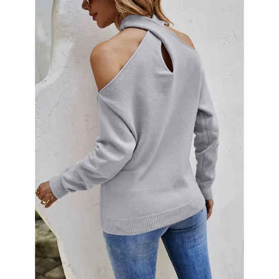 Casual Long Sleeves Solid Color Halter-Neck Sweater Tops Casual Long Sleeves Solid Color Halter-Neck Sweater Tops