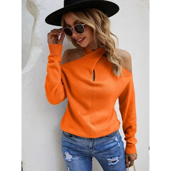 Casual Long Sleeves Solid Color Halter-Neck Sweater Tops Casual Long Sleeves Solid Color Halter-Neck Sweater Tops