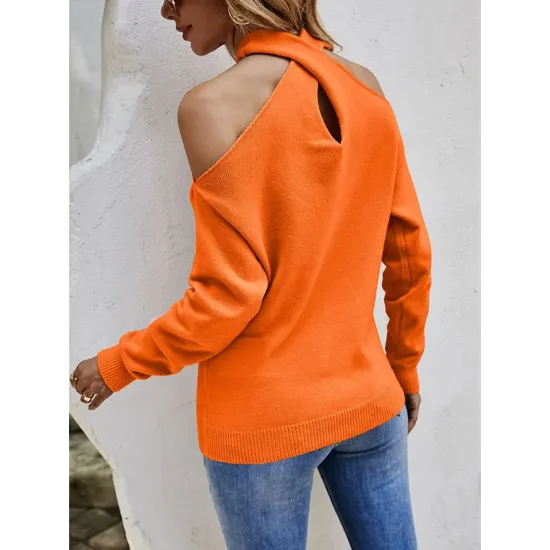 Casual Long Sleeves Solid Color Halter-Neck Sweater Tops Casual Long Sleeves Solid Color Halter-Neck Sweater Tops