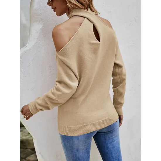 Casual Long Sleeves Solid Color Halter-Neck Sweater Tops Casual Long Sleeves Solid Color Halter-Neck Sweater Tops
