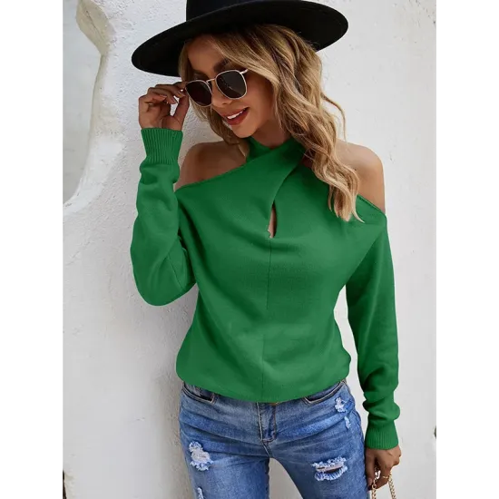 Casual Long Sleeves Solid Color Halter-Neck Sweater Tops Casual Long Sleeves Solid Color Halter-Neck Sweater Tops