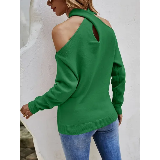Casual Long Sleeves Solid Color Halter-Neck Sweater Tops Casual Long Sleeves Solid Color Halter-Neck Sweater Tops