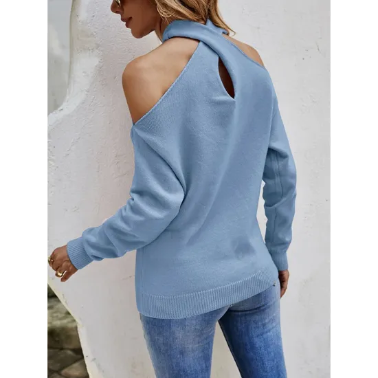 Casual Long Sleeves Solid Color Halter-Neck Sweater Tops Casual Long Sleeves Solid Color Halter-Neck Sweater Tops