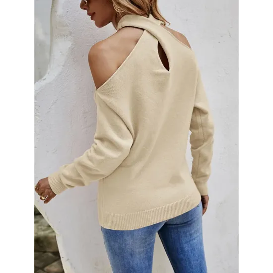 Casual Long Sleeves Solid Color Halter-Neck Sweater Tops Casual Long Sleeves Solid Color Halter-Neck Sweater Tops