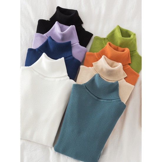 Simple Skinny Solid Color High-Neck Sweater Tops Simple Skinny Solid Color High-Neck Sweater Tops