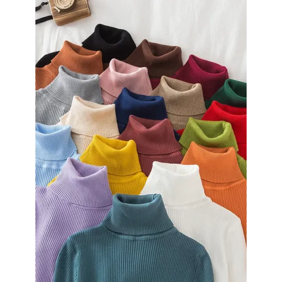 Simple Skinny Solid Color High-Neck Sweater Tops Simple Skinny Solid Color High-Neck Sweater Tops