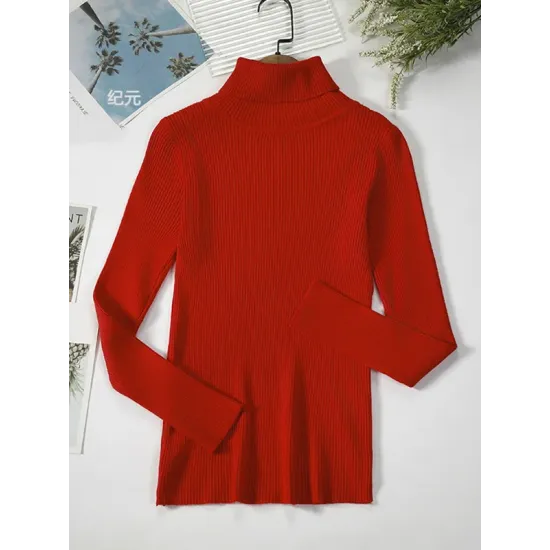 Simple Skinny Solid Color High-Neck Sweater Tops Simple Skinny Solid Color High-Neck Sweater Tops