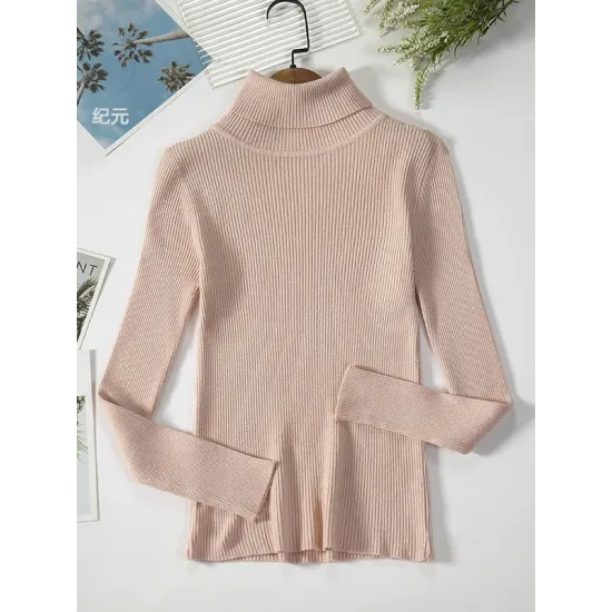 Simple Skinny Solid Color High-Neck Sweater Tops Simple Skinny Solid Color High-Neck Sweater Tops