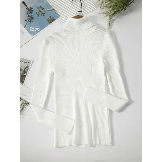Simple Skinny Solid Color High-Neck Sweater Tops Simple Skinny Solid Color High-Neck Sweater Tops