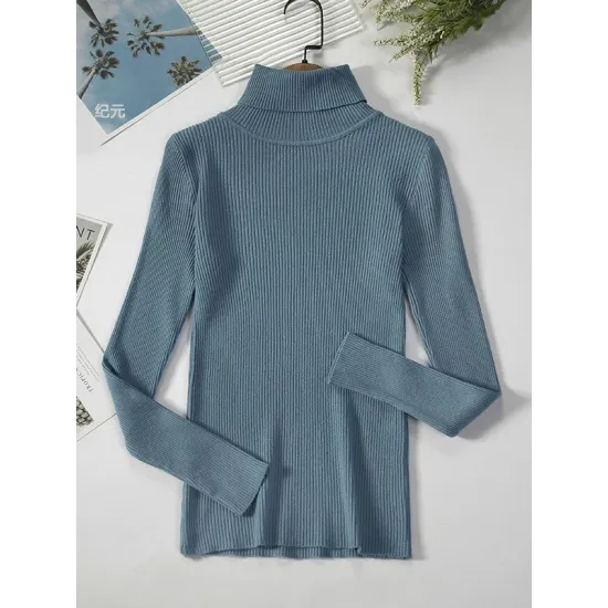 Simple Skinny Solid Color High-Neck Sweater Tops Simple Skinny Solid Color High-Neck Sweater Tops