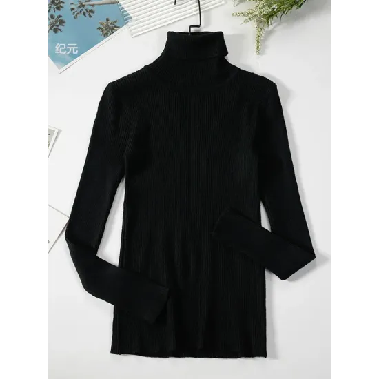 Simple Skinny Solid Color High-Neck Sweater Tops Simple Skinny Solid Color High-Neck Sweater Tops