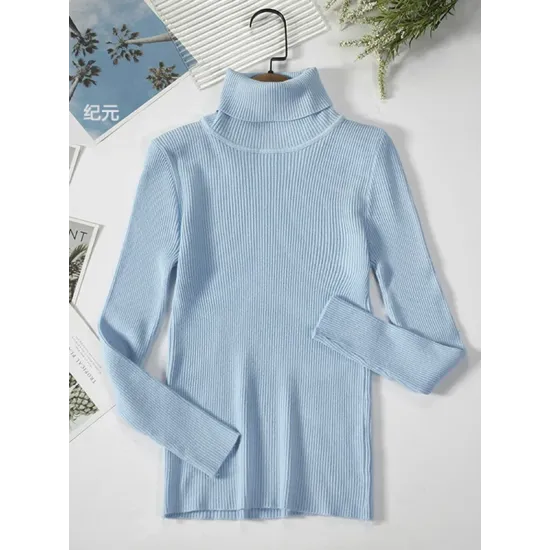 Simple Skinny Solid Color High-Neck Sweater Tops Simple Skinny Solid Color High-Neck Sweater Tops