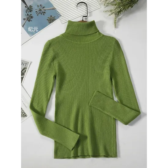 Simple Skinny Solid Color High-Neck Sweater Tops Simple Skinny Solid Color High-Neck Sweater Tops
