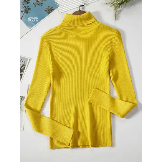 Simple Skinny Solid Color High-Neck Sweater Tops Simple Skinny Solid Color High-Neck Sweater Tops