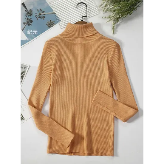 Simple Skinny Solid Color High-Neck Sweater Tops Simple Skinny Solid Color High-Neck Sweater Tops