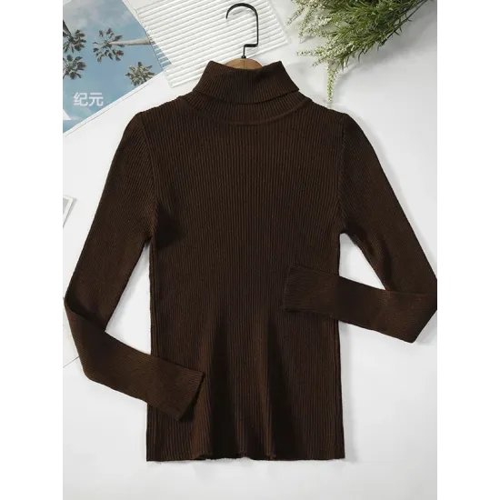 Simple Skinny Solid Color High-Neck Sweater Tops Simple Skinny Solid Color High-Neck Sweater Tops