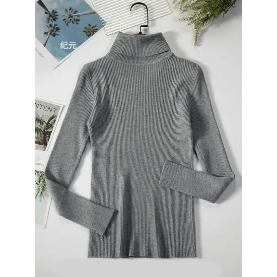 Simple Skinny Solid Color High-Neck Sweater Tops Simple Skinny Solid Color High-Neck Sweater Tops