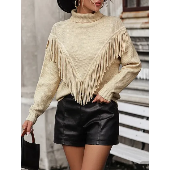 Solid Color Tasseled Long Sleeves Loose High-neck Sweater Tops Pullovers Knitwear Solid Color Tasseled Long Sleeves Loose High-neck Sweater Tops Pullovers Knitwear