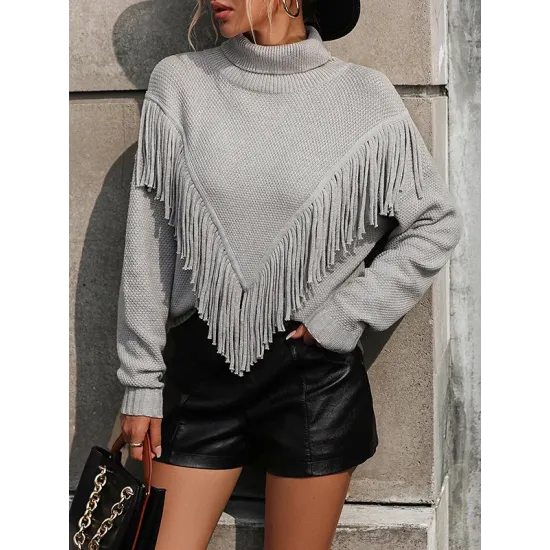 Solid Color Tasseled Long Sleeves Loose High-neck Sweater Tops Pullovers Knitwear Solid Color Tasseled Long Sleeves Loose High-neck Sweater Tops Pullovers Knitwear
