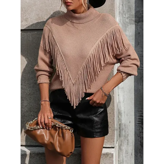 Solid Color Tasseled Long Sleeves Loose High-neck Sweater Tops Pullovers Knitwear Solid Color Tasseled Long Sleeves Loose High-neck Sweater Tops Pullovers Knitwear