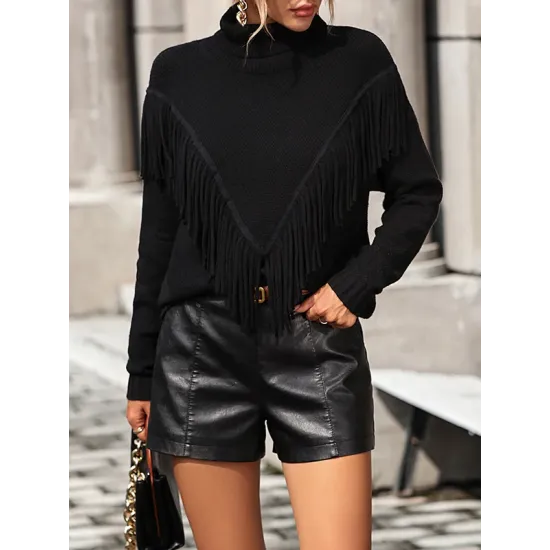 Solid Color Tasseled Long Sleeves Loose High-neck Sweater Tops Pullovers Knitwear Solid Color Tasseled Long Sleeves Loose High-neck Sweater Tops Pullovers Knitwear