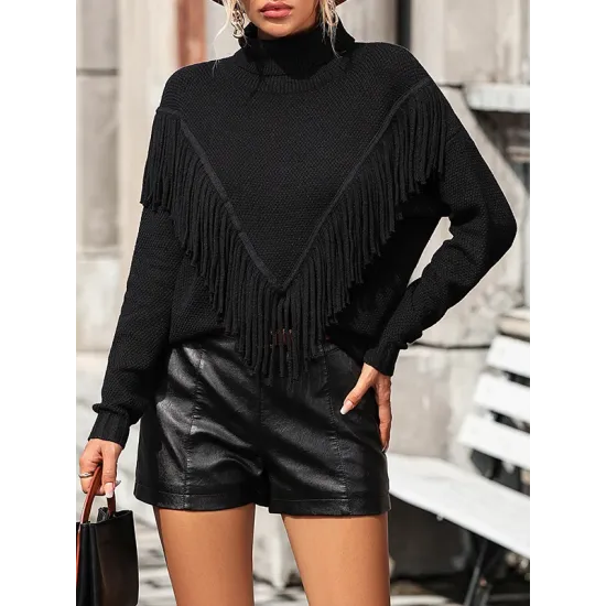 Solid Color Tasseled Long Sleeves Loose High-neck Sweater Tops Pullovers Knitwear Solid Color Tasseled Long Sleeves Loose High-neck Sweater Tops Pullovers Knitwear