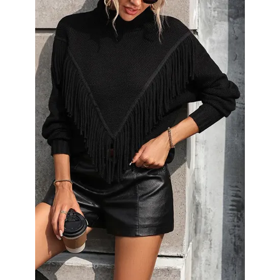 Solid Color Tasseled Long Sleeves Loose High-neck Sweater Tops Pullovers Knitwear Solid Color Tasseled Long Sleeves Loose High-neck Sweater Tops Pullovers Knitwear