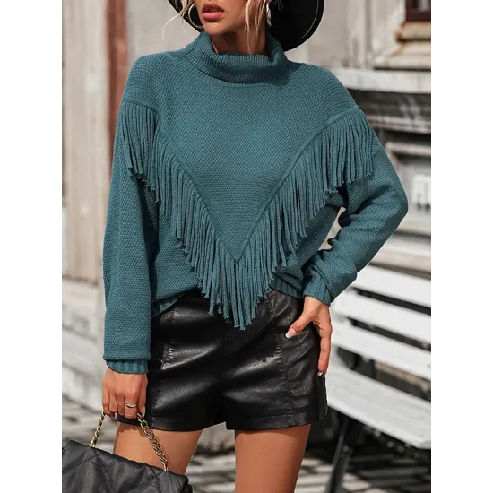 Solid Color Tasseled Long Sleeves Loose High-neck Sweater Tops Pullovers Knitwear Solid Color Tasseled Long Sleeves Loose High-neck Sweater Tops Pullovers Knitwear
