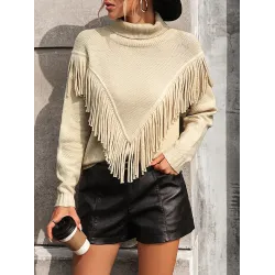 Solid Color Tasseled Long Sleeves Loose High-neck Sweater Tops Pullovers Knitwear